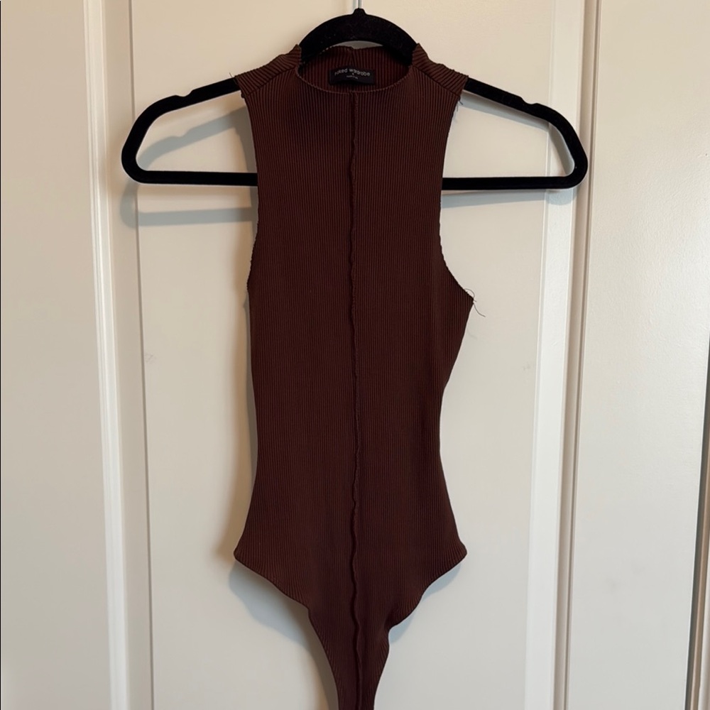 Naked Wardrobe Chocolate Ribbed High Neck Bodysuit